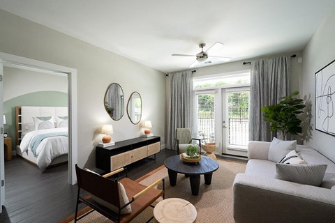 a living room with a couch and a table